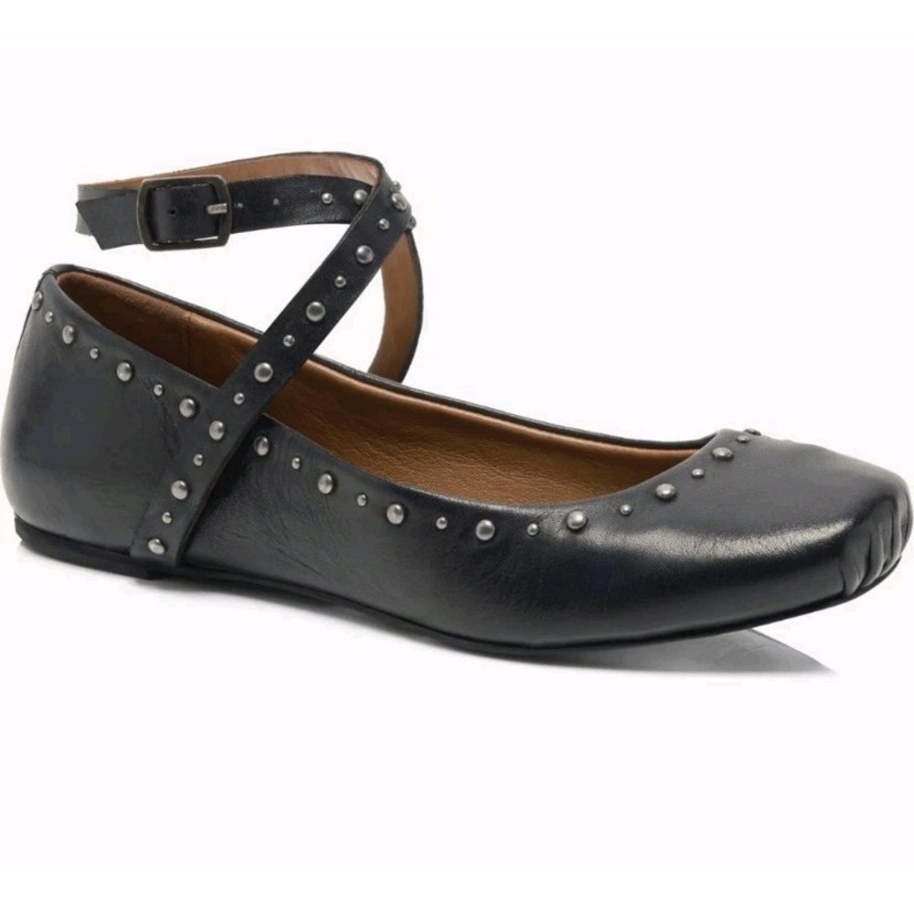 Free People Grace Studded Ballet Flat Black Leather Women Sz 6 Strap Up